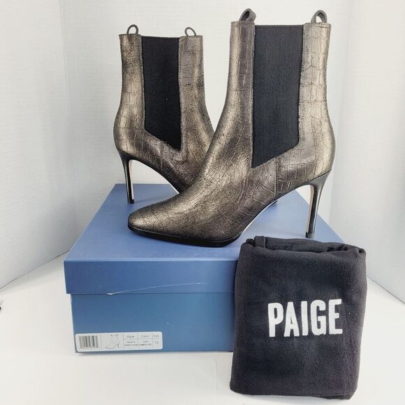 PAIGE Celeste Chelsea Ankle Bootie Gunmetal Croc Embossed Metallic Stiletto 10 - Picture 1 of 15